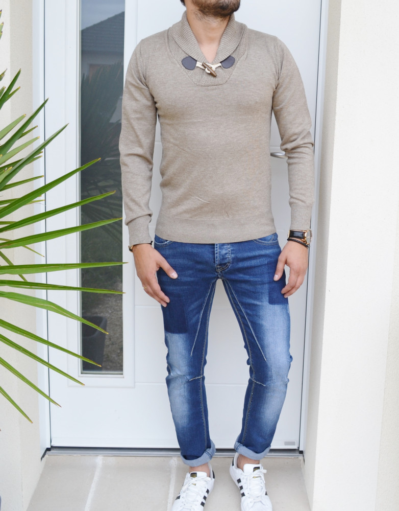 Pull homme col châle café