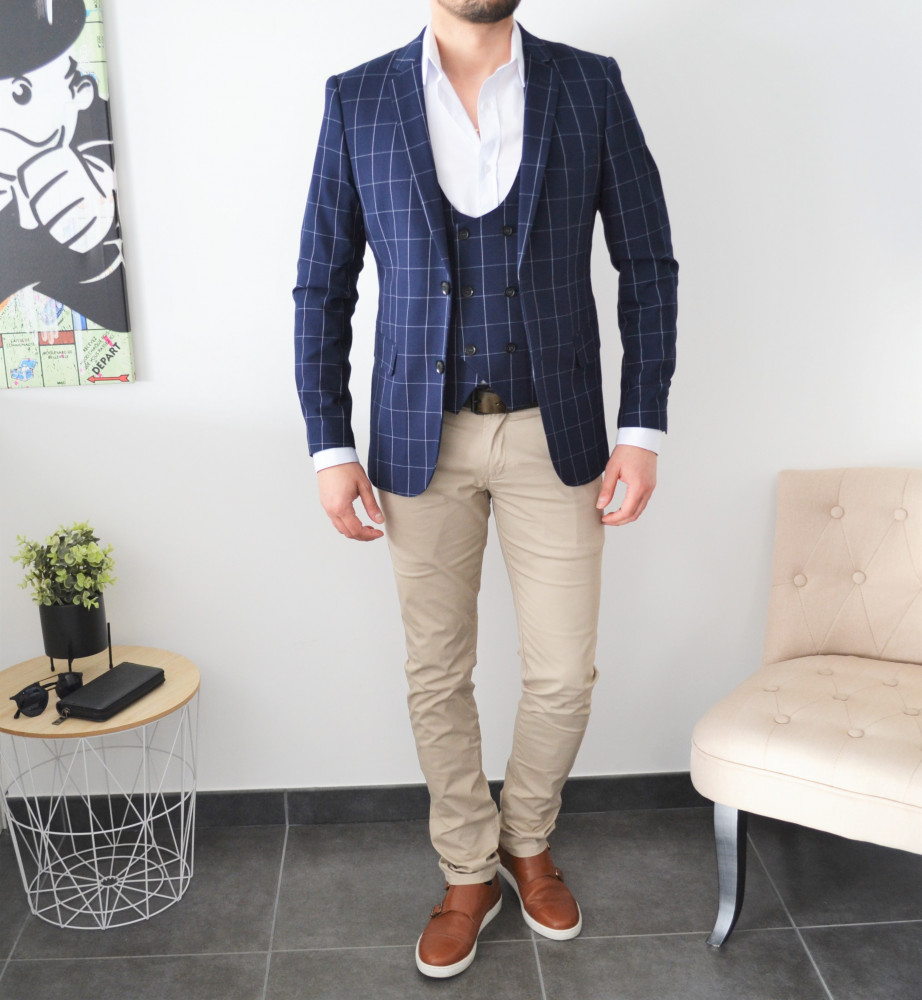 Blazer homme bleu à carreaux style prince de galle