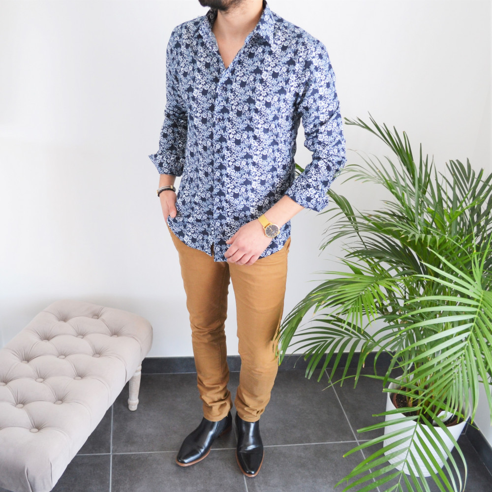 chemise homme bleu avec fleurs