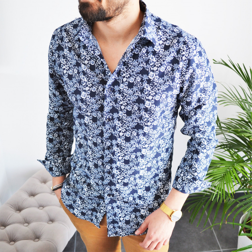 chemise homme bleu avec fleurs