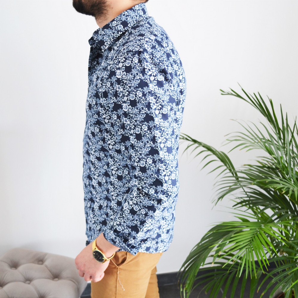 chemise homme bleu avec fleurs