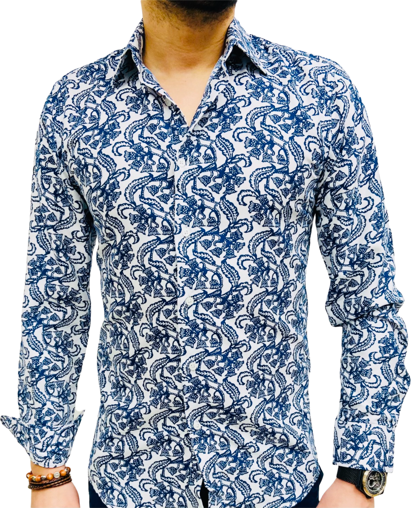 chemise homme blanche avec motifs bleu