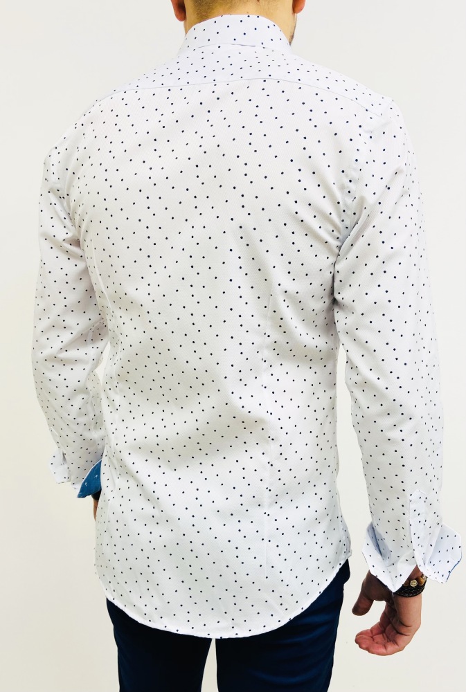 chemise homme blanche petits points revers bleu