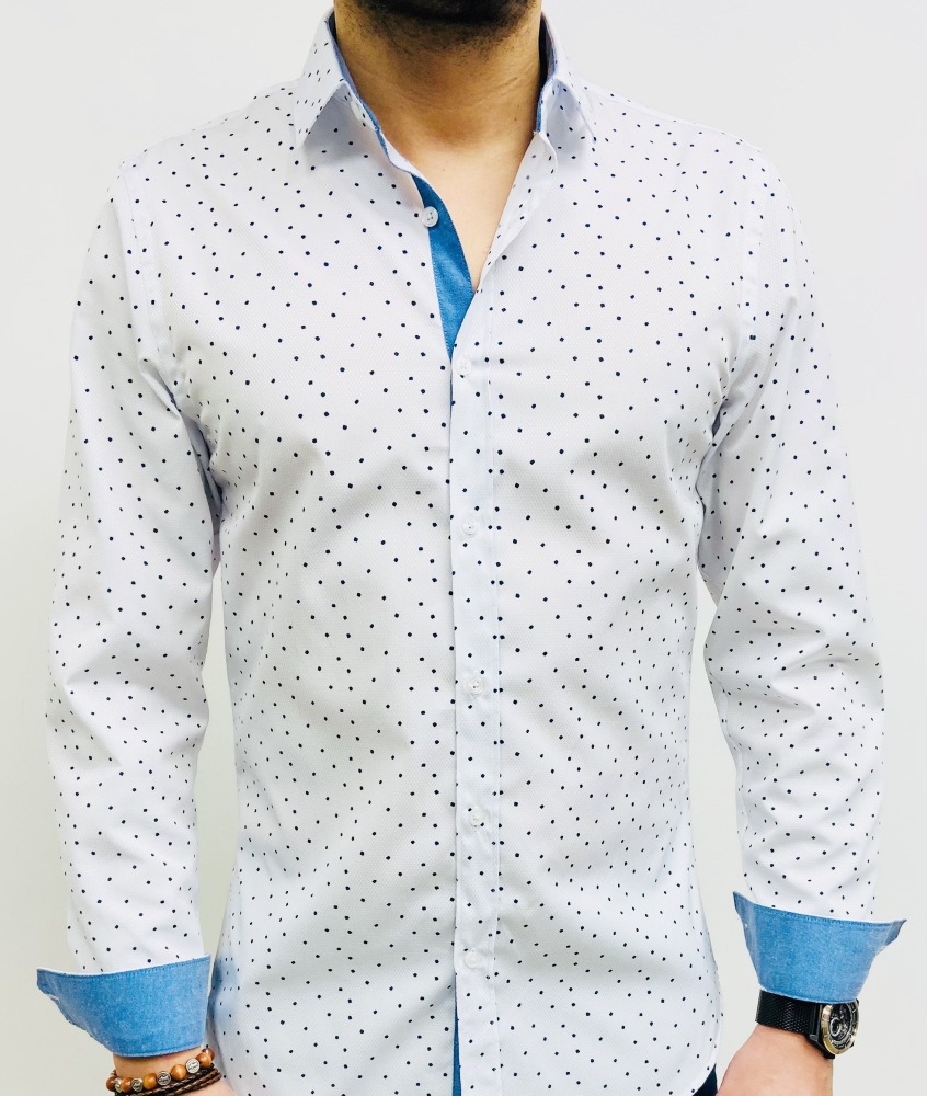 chemise homme blanche petits points revers bleu