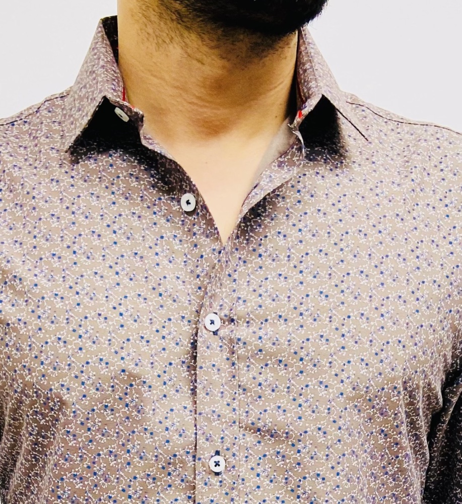 chemise homme taupe avec fleurs bleu