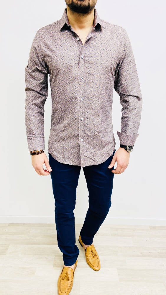 chemise homme taupe avec fleurs bleu