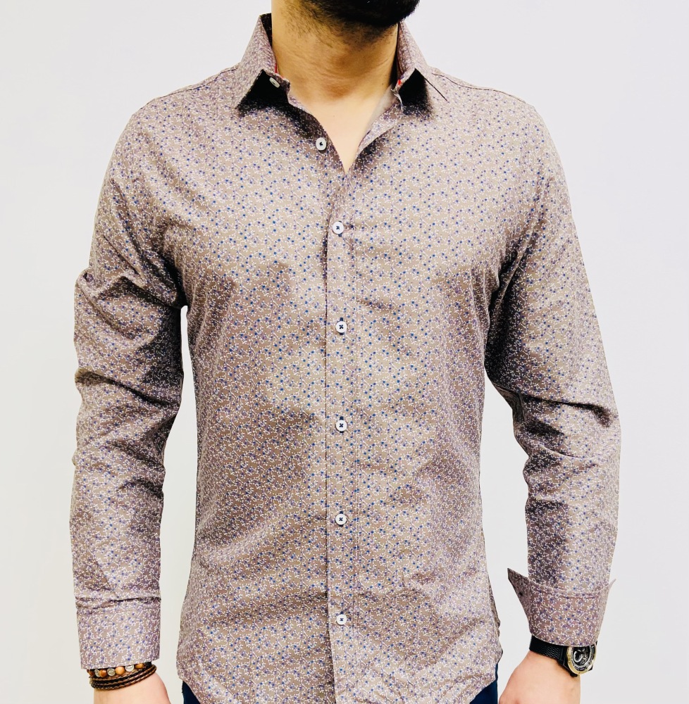 chemise homme taupe avec fleurs bleu