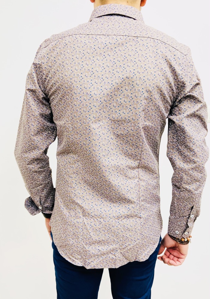 chemise homme taupe avec fleurs bleu