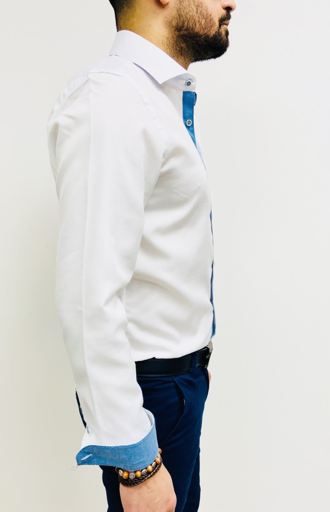 chemise homme blanche avec revers bleu