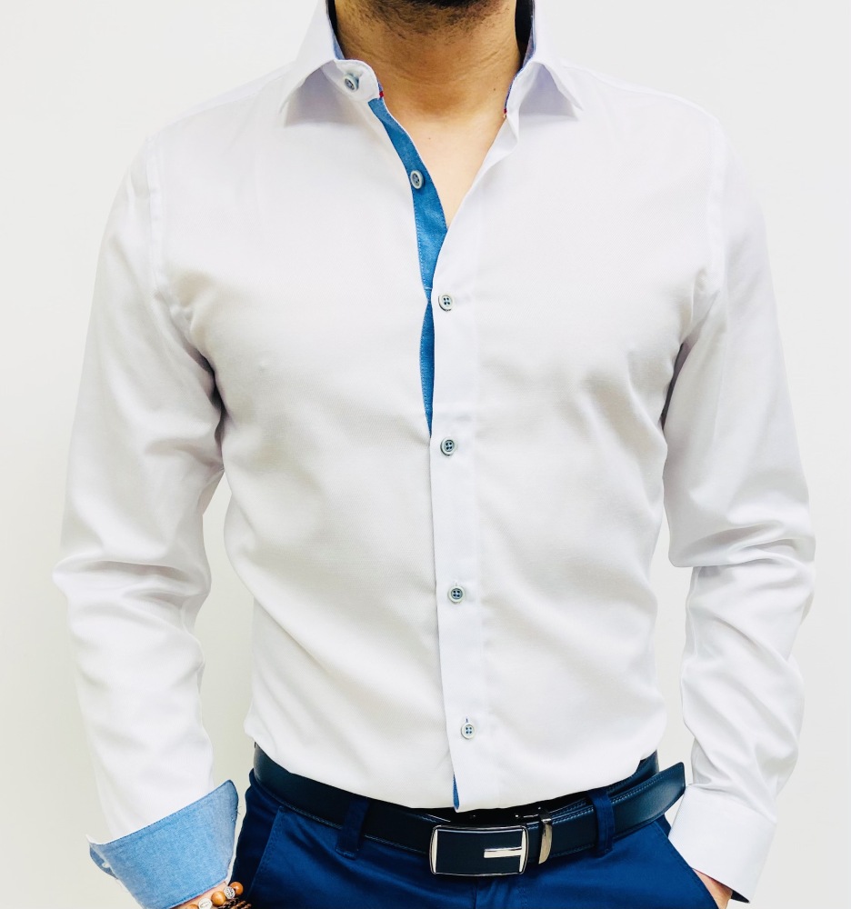 chemise homme blanche avec revers bleu