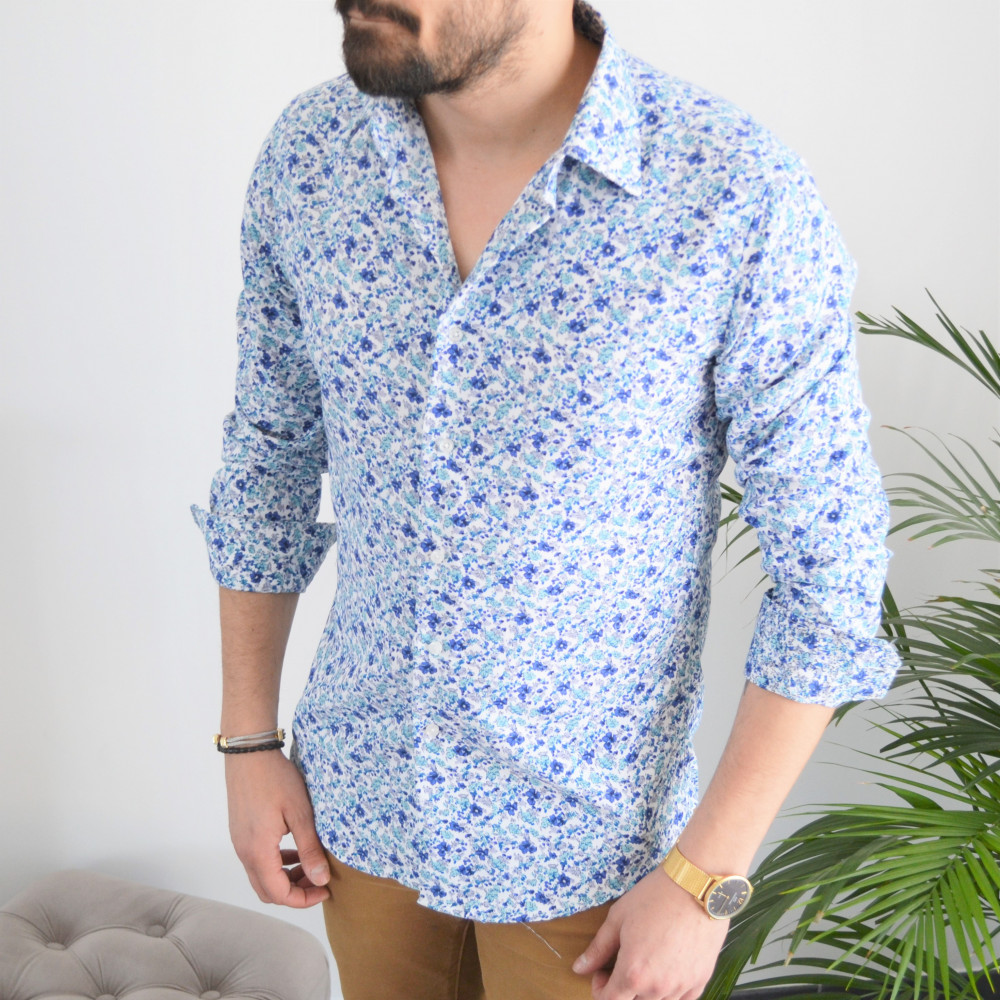 chemise homme bleu ciel slim avec fleurs marine