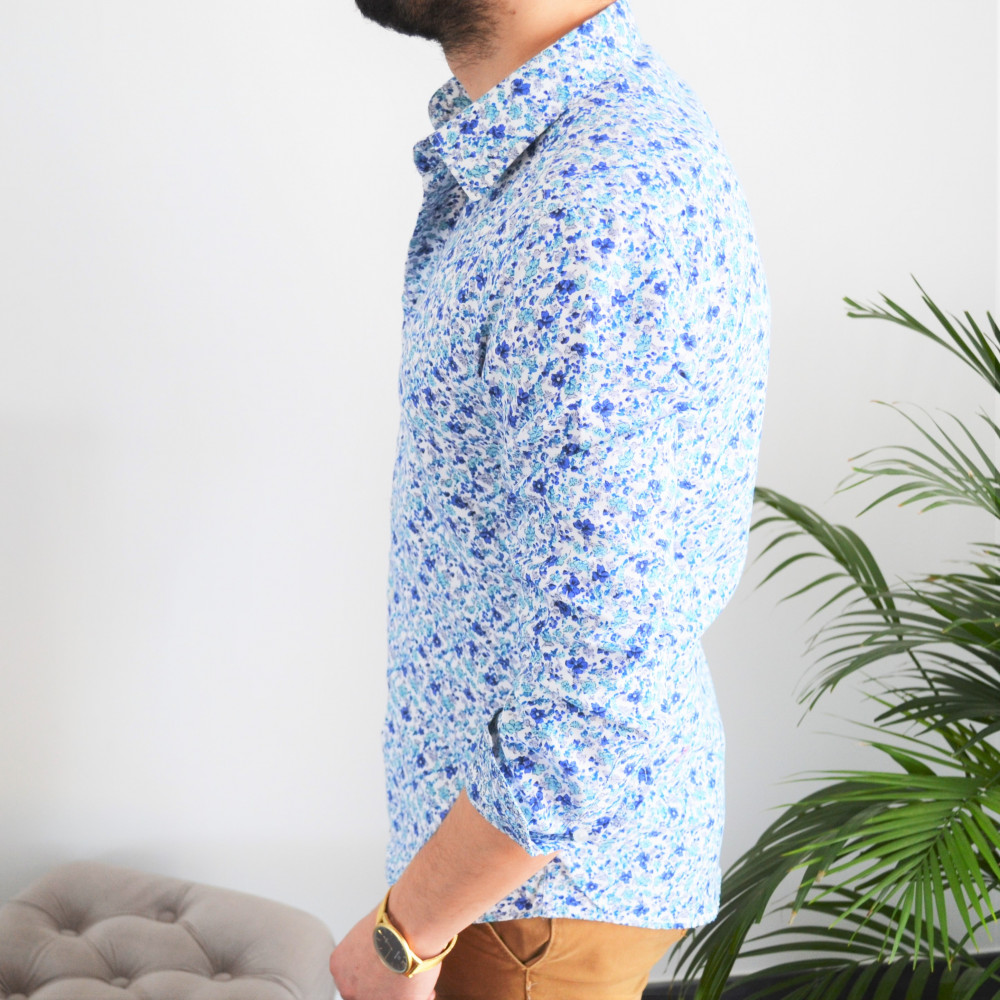 chemise homme bleu ciel slim avec fleurs marine