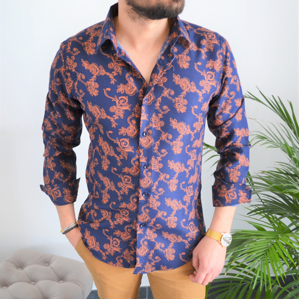 chemise homme bleu slim style baroque