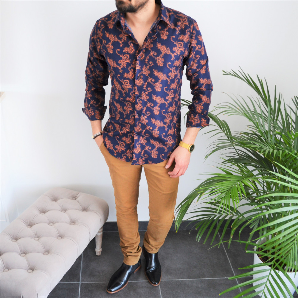 chemise homme bleu slim style baroque