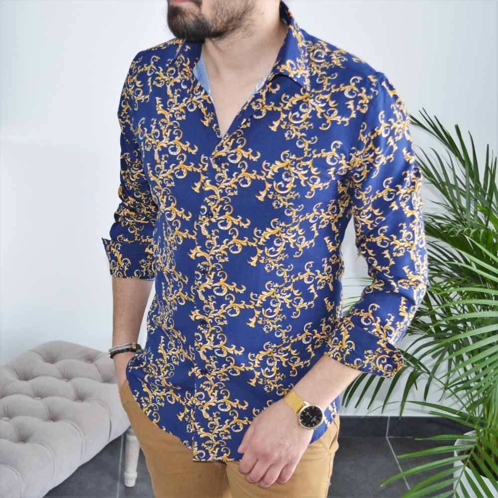 chemise homme bleu slim motifs or