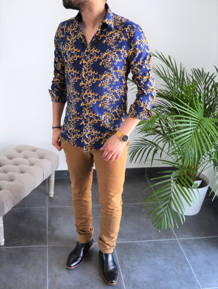 chemise homme bleu slim motifs or