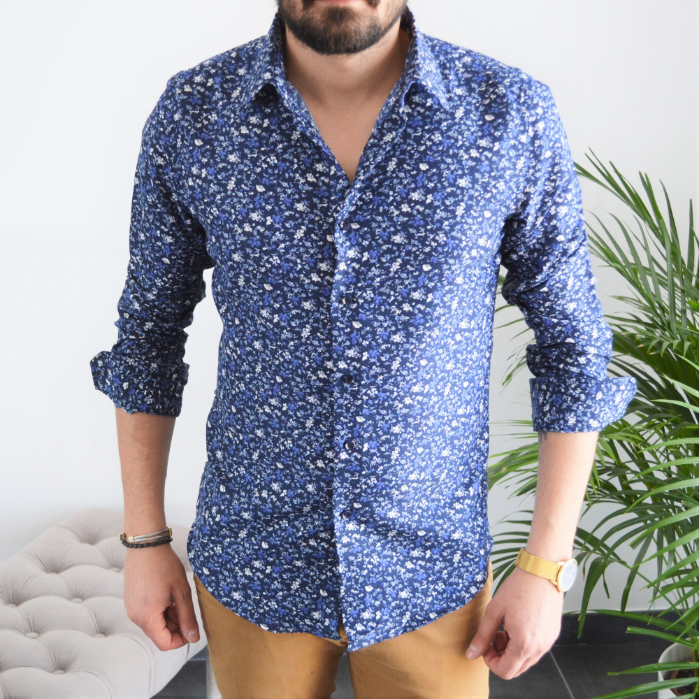 chemise homme bleu marine slim avec fleurs bleu