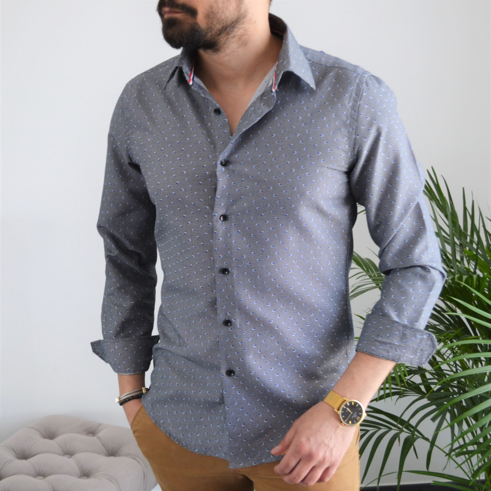 chemise homme vichy avec petit dessin bleu