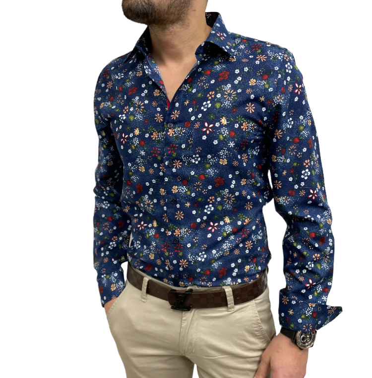 chemise homme bleu fleuris slim