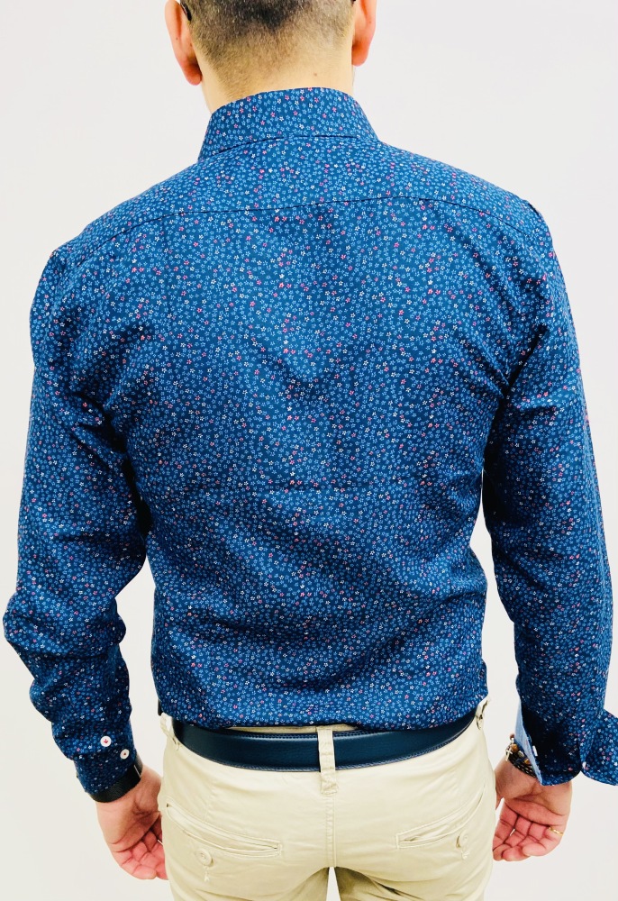 chemise homme bleu marine à petites fleurs bleu