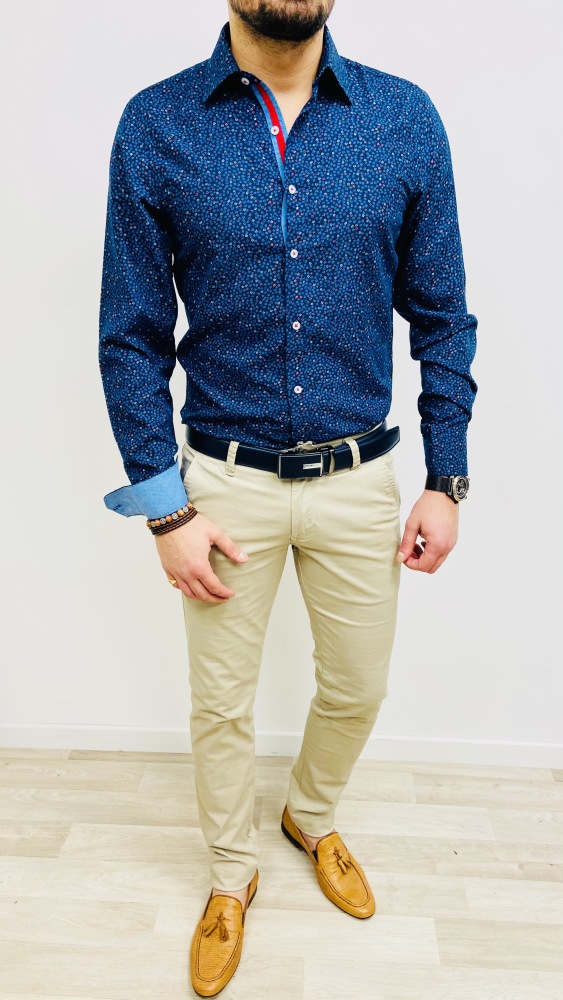 chemise homme bleu marine à petites fleurs bleu