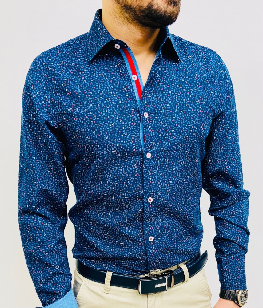 chemise homme bleu marine à petites fleurs bleu