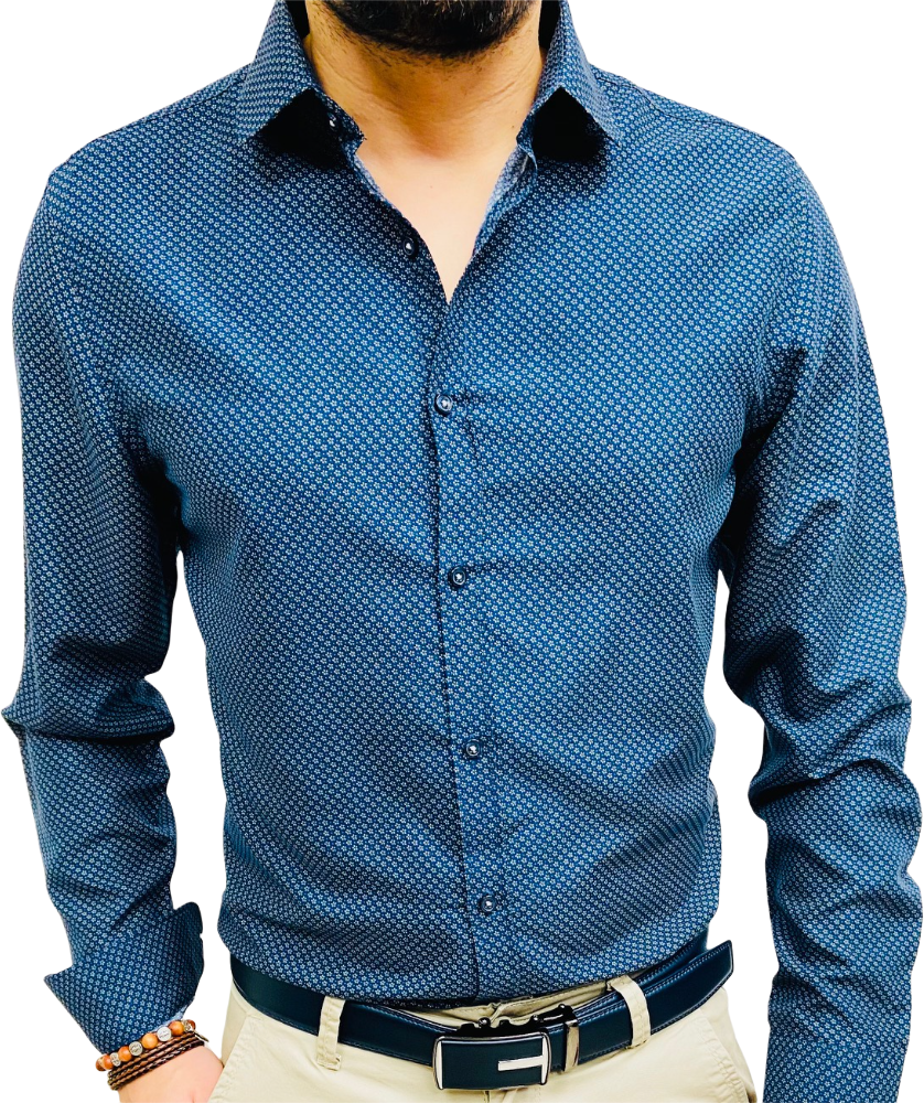 chemise homme bleu marine à petites fleurs bleu