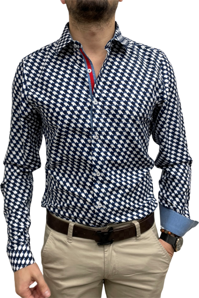 chemise homme bleu motif rétro