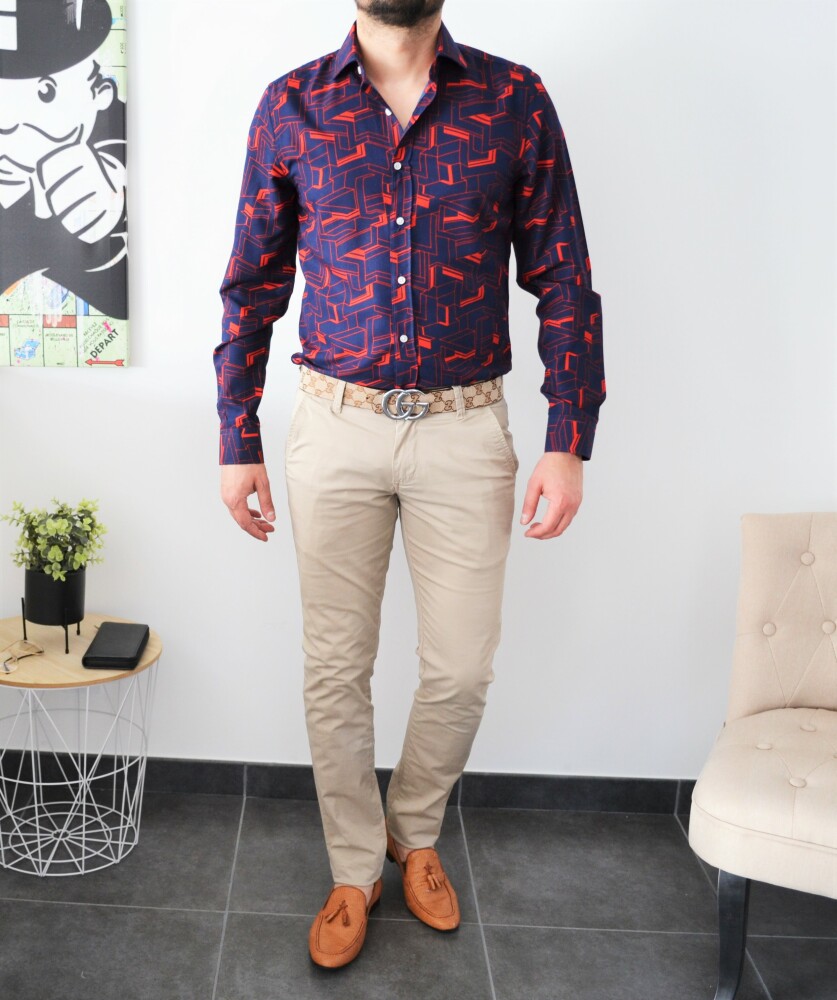 chemise homme bleu avec motifs rouge