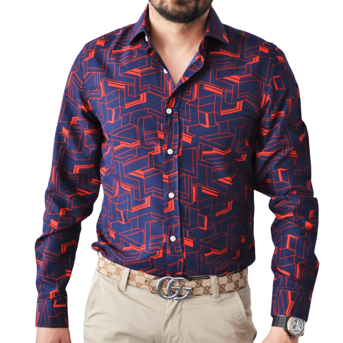 chemise homme bleu avec motifs rouge