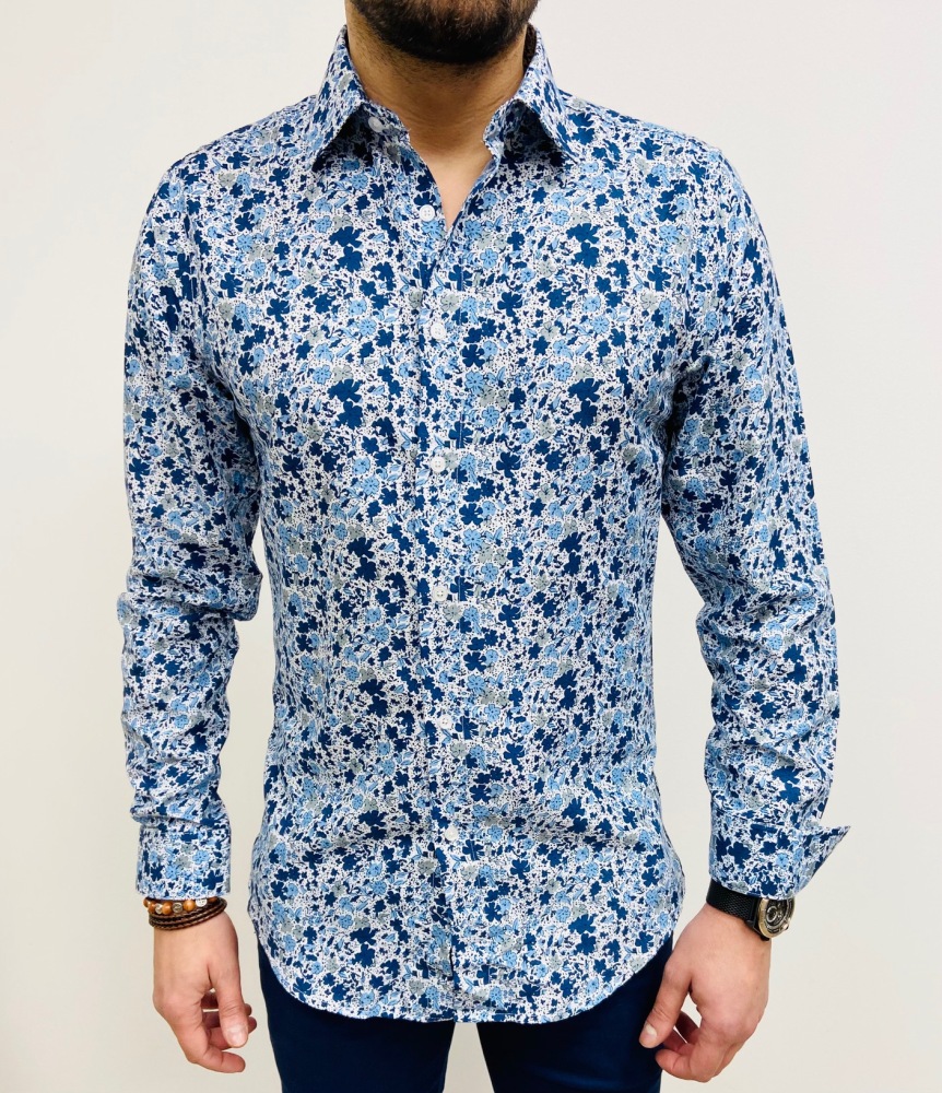 chemise homme bleu slim à fleurs