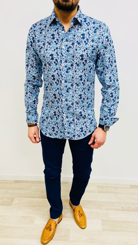 chemise homme bleu slim à fleurs