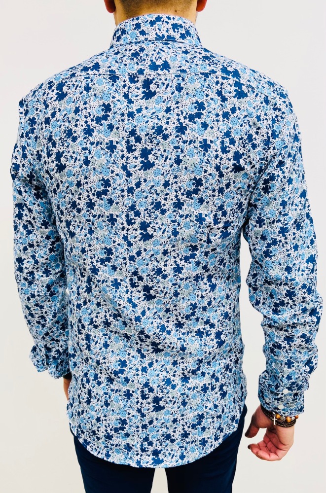 chemise homme bleu slim à fleurs