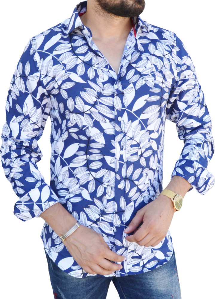 Chemise homme bleu slim a grandes fleurs