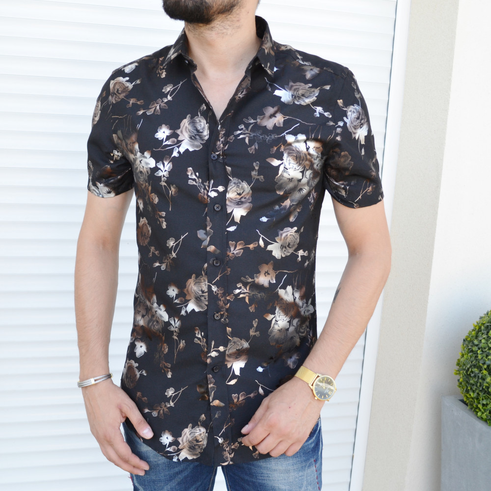 Chemise manches courtes noire slim a fleurs