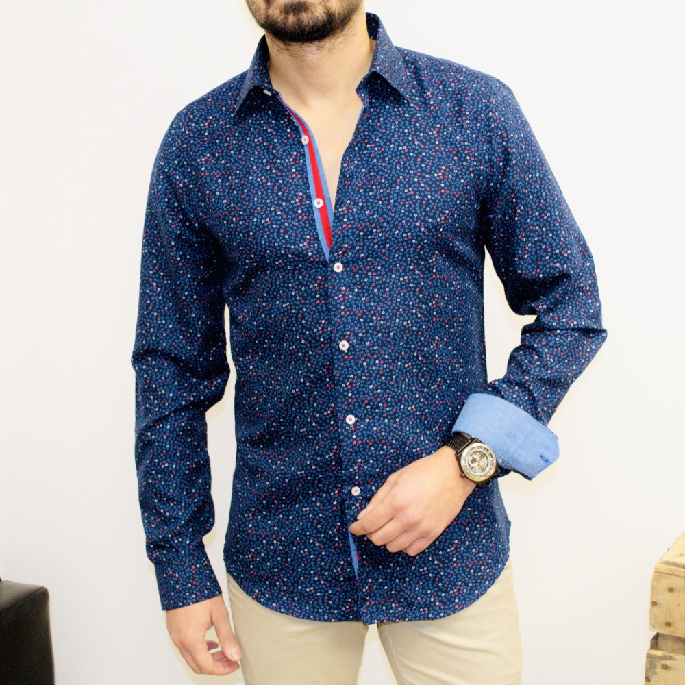 chemise homme bleu marine à petites fleurs bleu