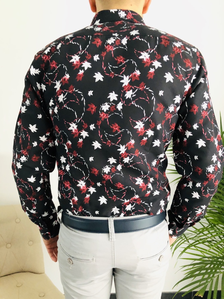 Chemise homme noire a grande fleurs slim