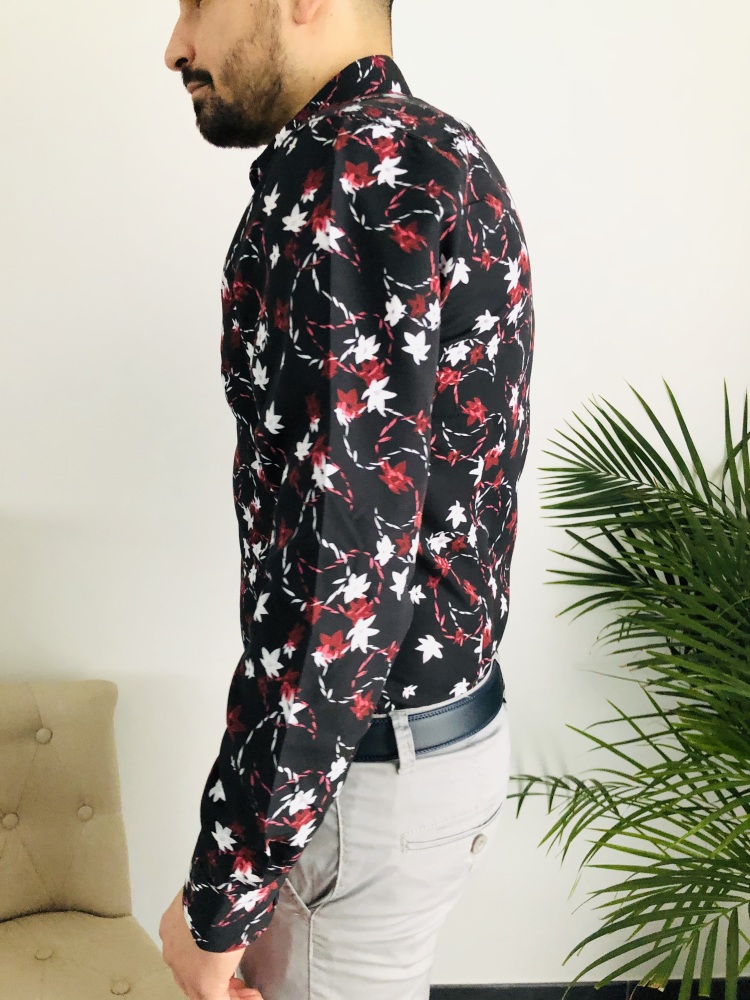 Chemise homme noire a grande fleurs slim