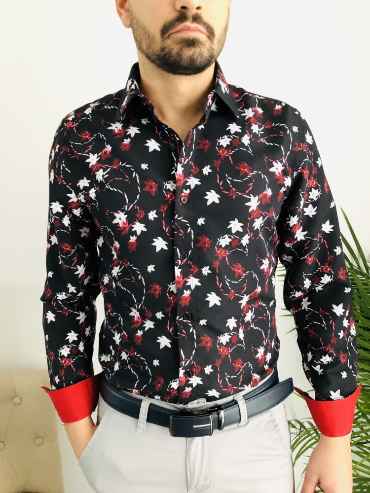 Chemise homme noire a grande fleurs slim