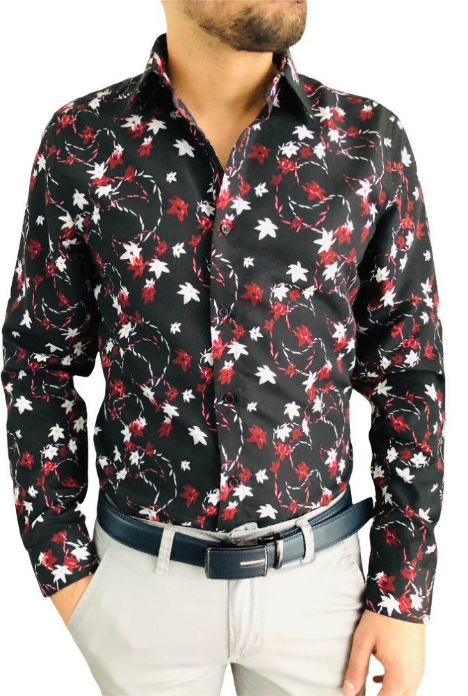 Chemise homme noire a grande fleurs slim