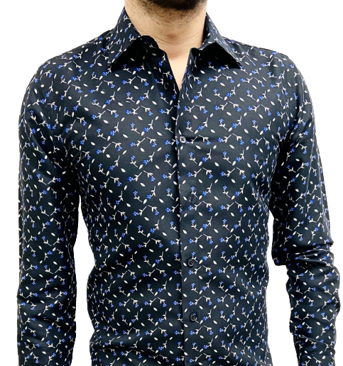 chemise homme noire avec petites fleurs bleu