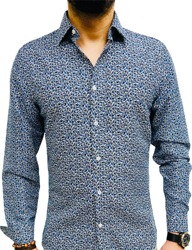 chemise homme noire avec petites fleurs bleu