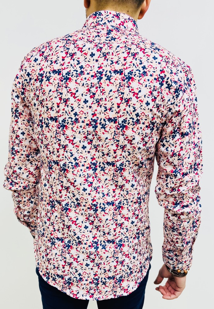 chemise homme rose slim à fleurs bleu