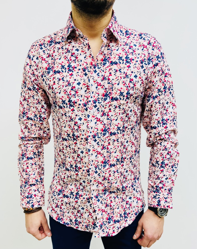 chemise homme rose slim à fleurs bleu