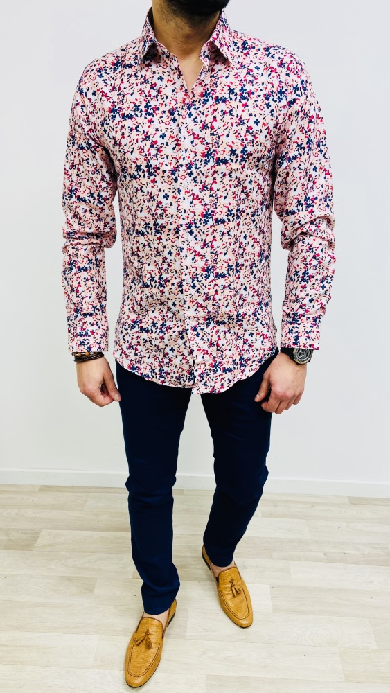 chemise homme rose slim à fleurs bleu