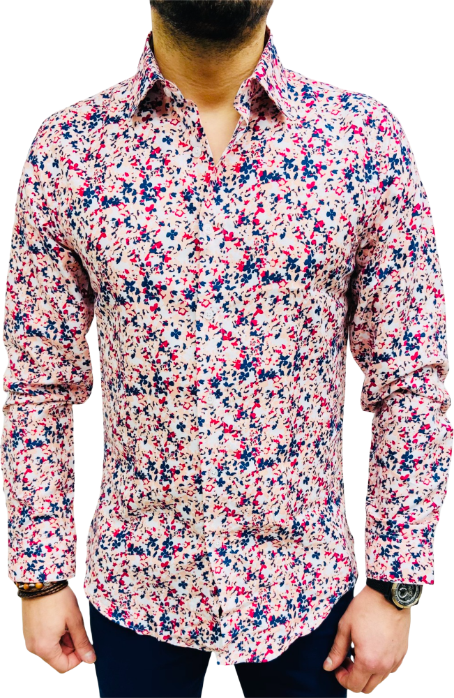 chemise homme rose slim à fleurs bleu