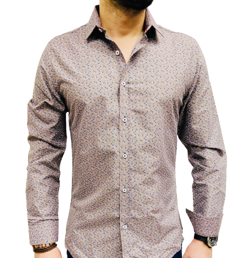 chemise homme taupe avec fleurs bleu