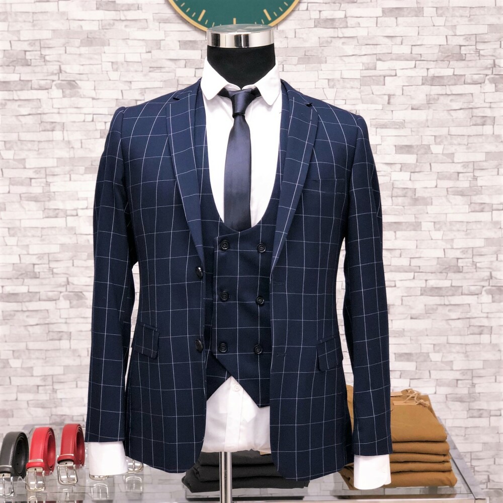 Costume homme slim bleu à carreaux 3 pièces