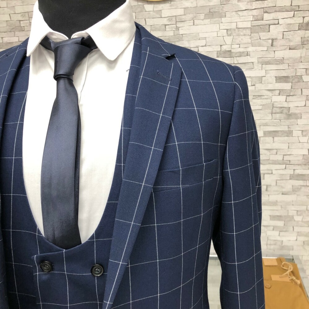 Costume homme slim bleu à carreaux 3 pièces