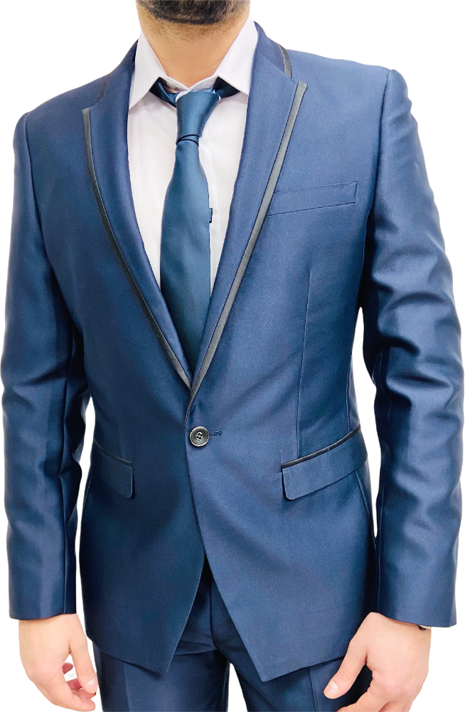 Costume homme bleu marine brillant avec revers satin